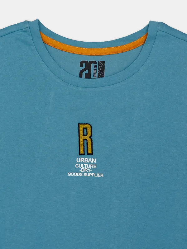 Rex Straut teal blue plain cotton slim fit t shirt