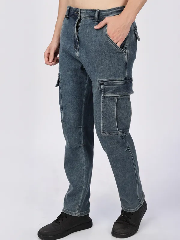 REX STRAUT solid grey cargo fit jeans for mens