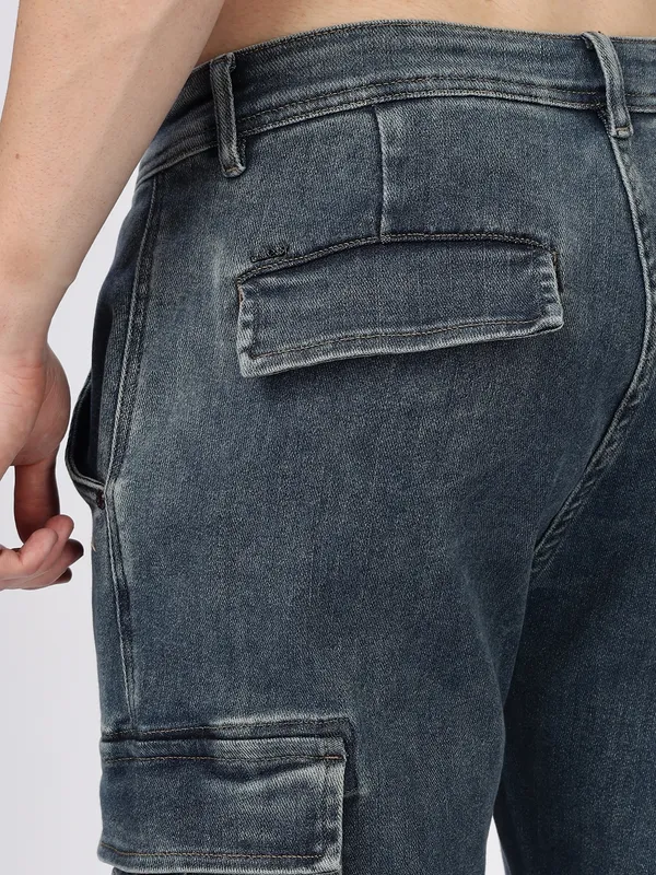 REX STRAUT solid grey cargo fit jeans for mens