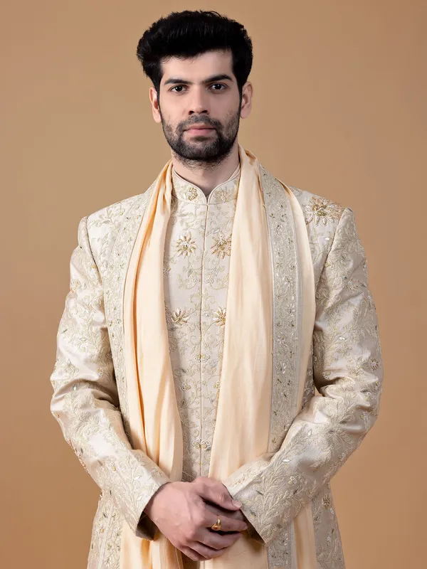 Rich beige raw silk sherwani