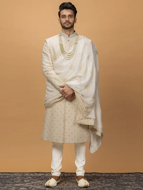 Rich cream silk sherwani for groom