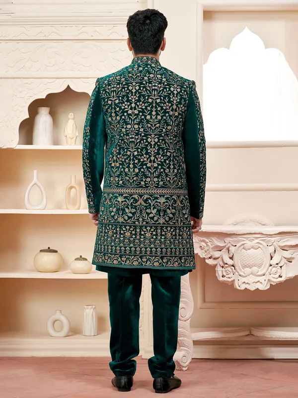 Rich dark green indowestern for wedding grandeur