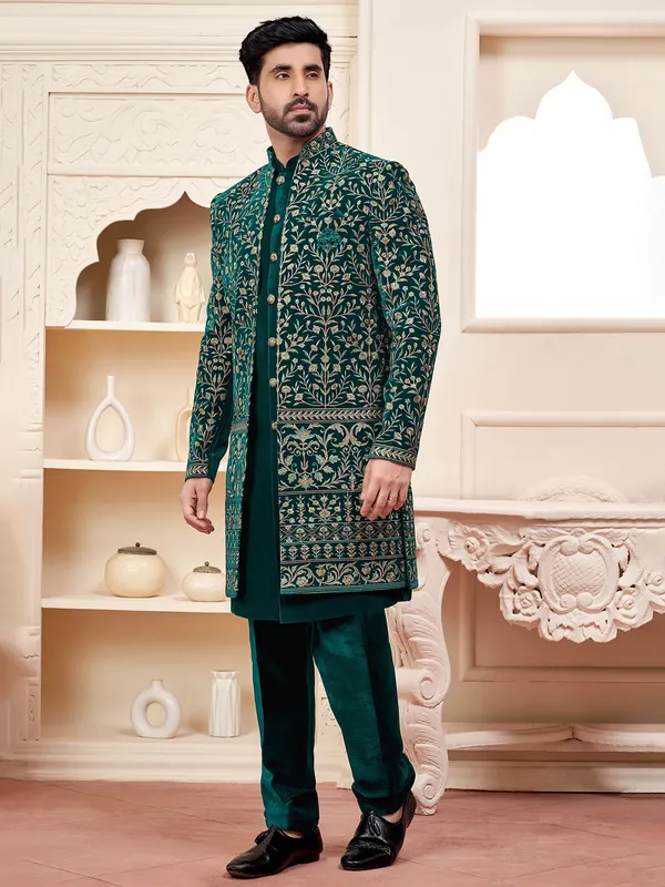 Rich dark green indowestern for wedding grandeur