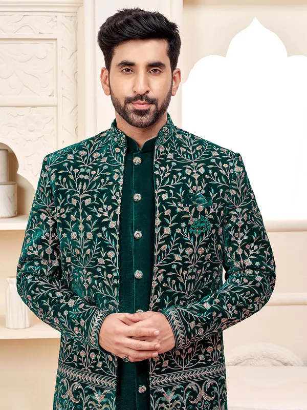 Rich dark green indowestern for wedding grandeur
