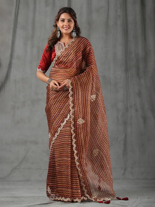 Rich maroon organza printed saree
