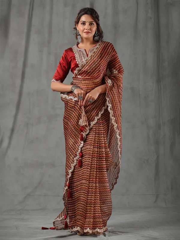 Rich maroon organza printed saree