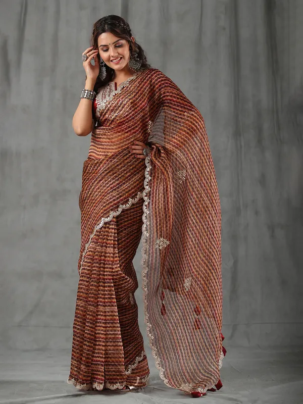 Rich maroon organza printed saree
