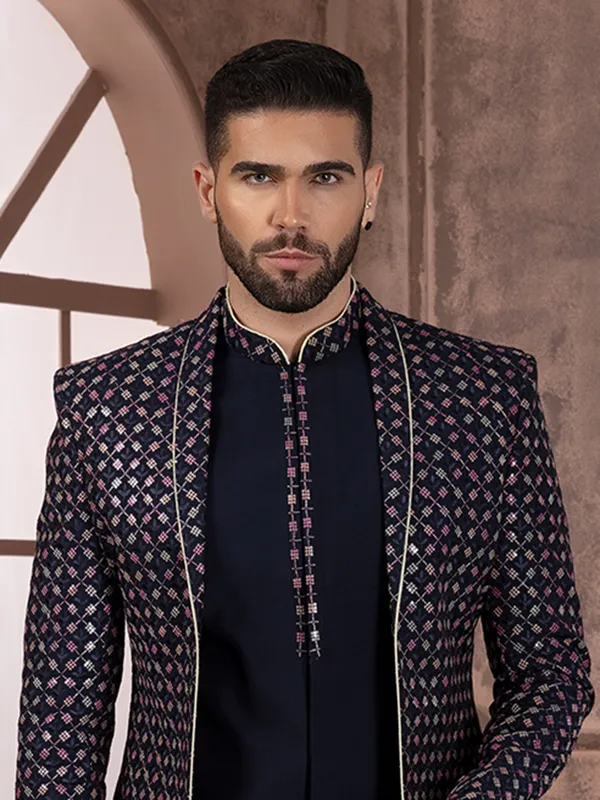 Rich navy silk embroidery indowestern