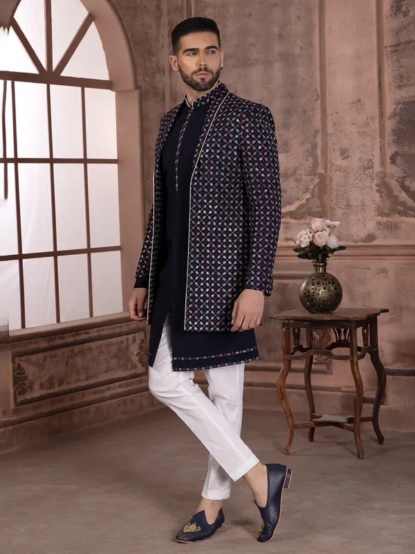 Rich navy silk embroidery indowestern