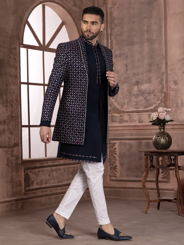 Rich navy silk embroidery indowestern