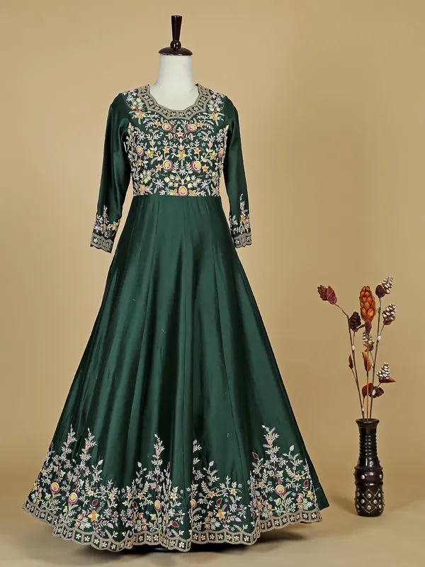 Rich raw silk bottle green anarkali suit