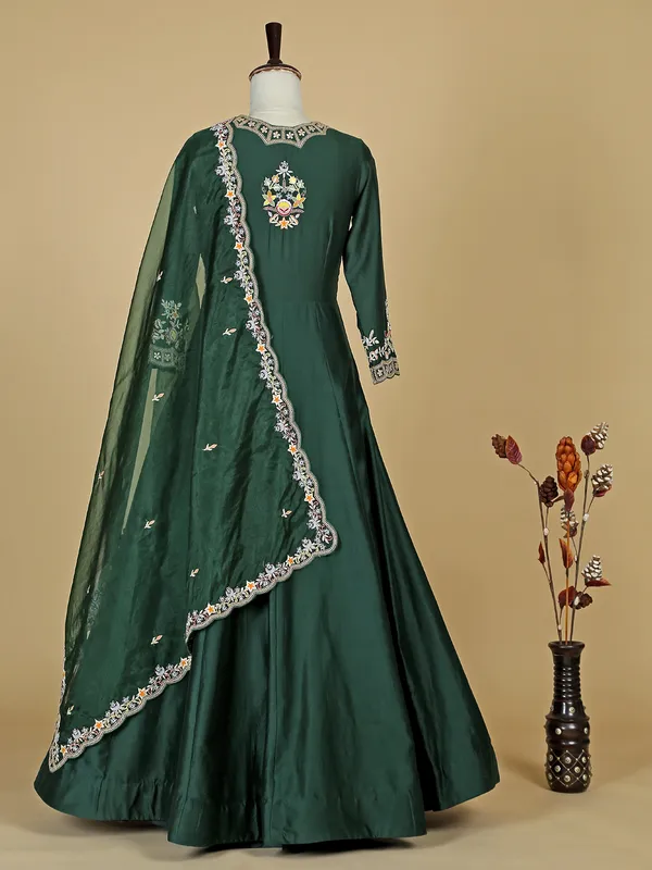 Rich raw silk bottle green anarkali suit