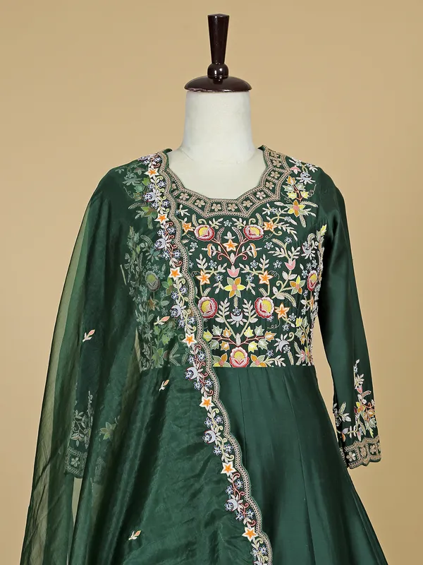 Rich raw silk bottle green anarkali suit