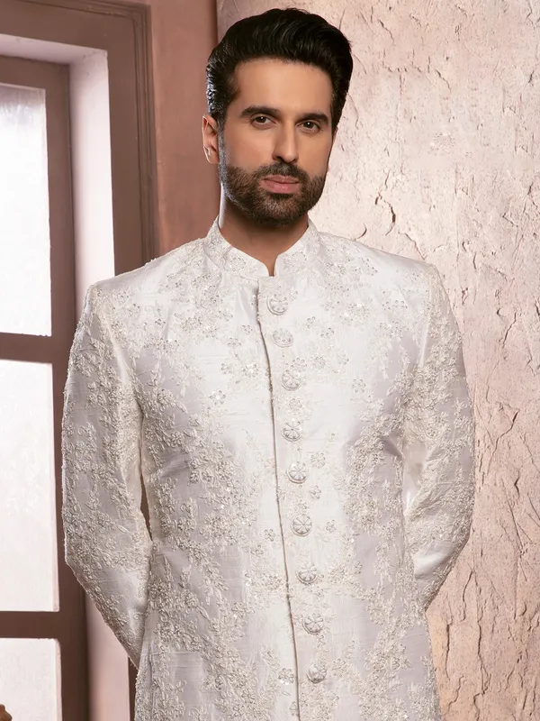 Rich raw silk white wedding sherwani