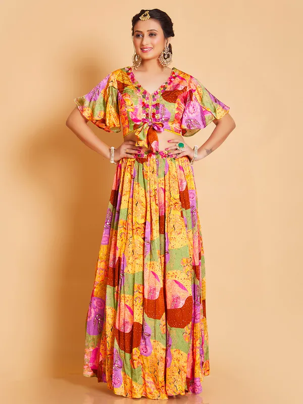 Rich silk yellow printed lehnega with crop top