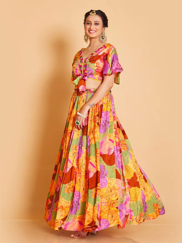 Rich silk yellow printed lehnega with crop top