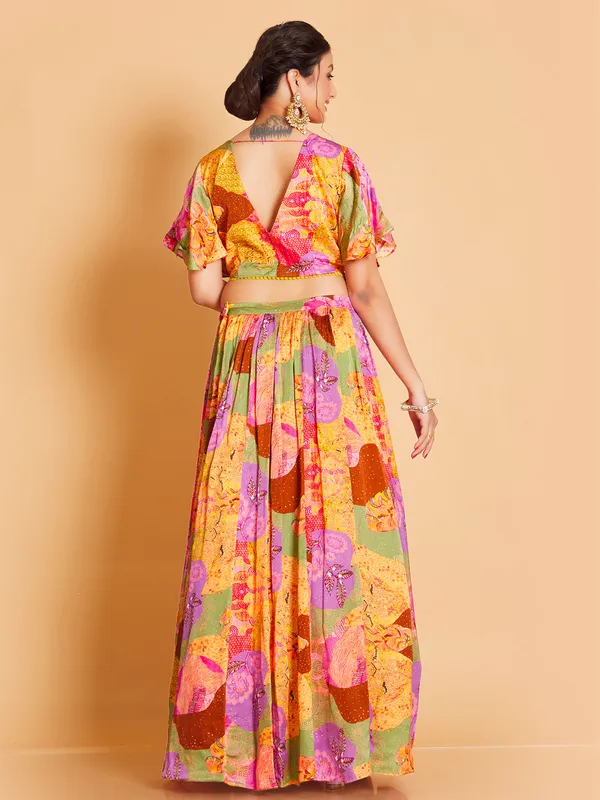Rich silk yellow printed lehnega with crop top