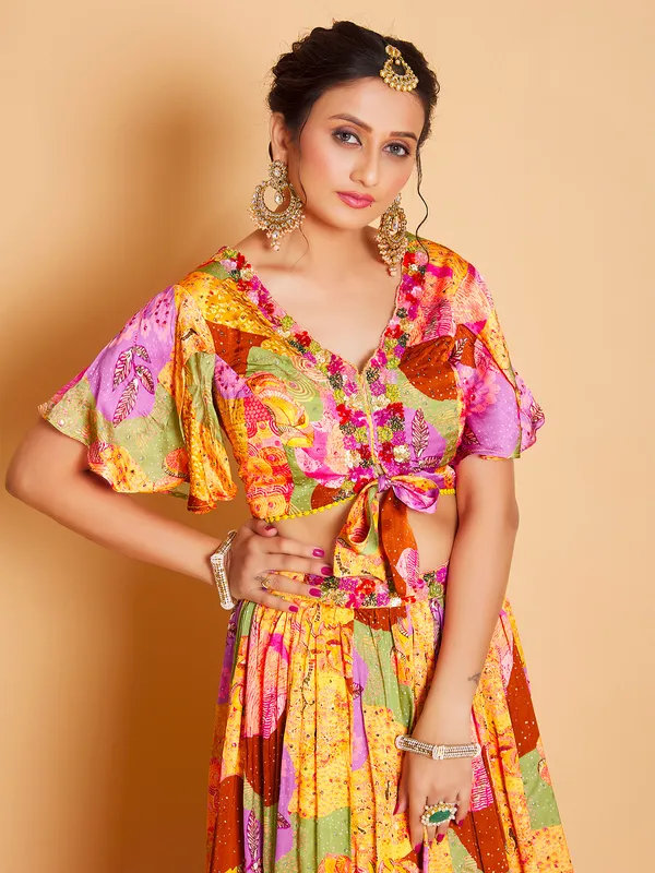 Rich silk yellow printed lehnega with crop top