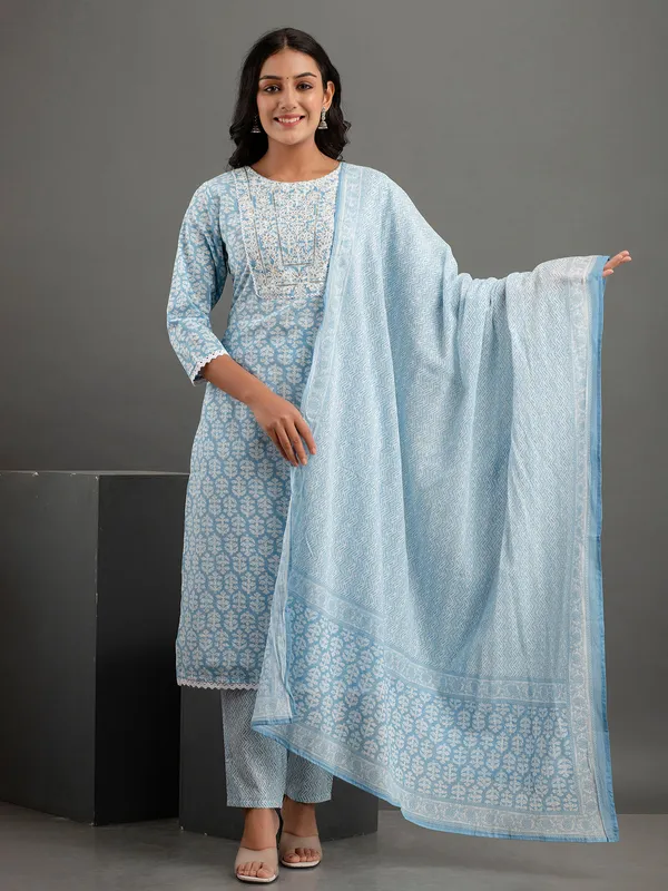 Rich sky blue cotton printed kurti set