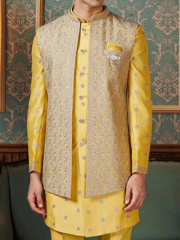 Rich yellow raw silk Indowestern with zari embellishment