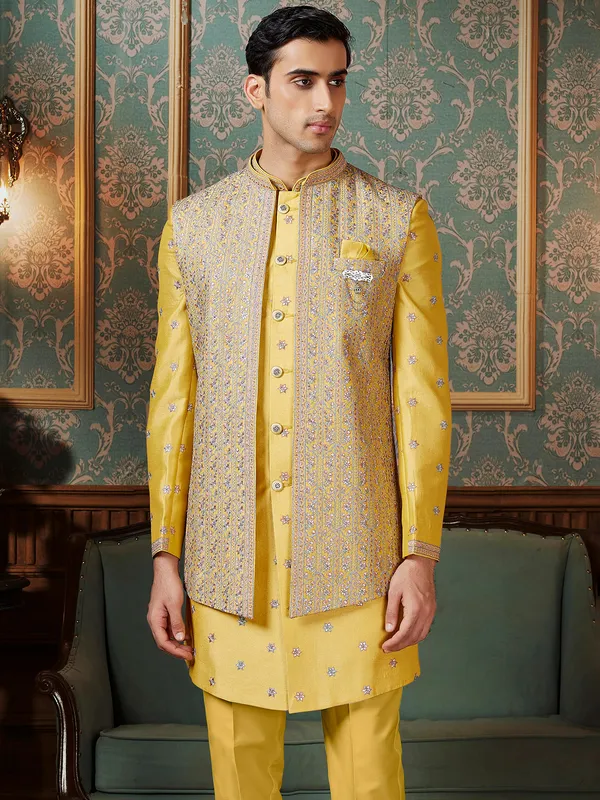 Rich yellow raw silk Indowestern with zari embellishment