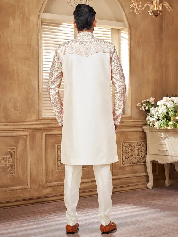 Richly crafted offwhite indowestern for men with luxe accents
