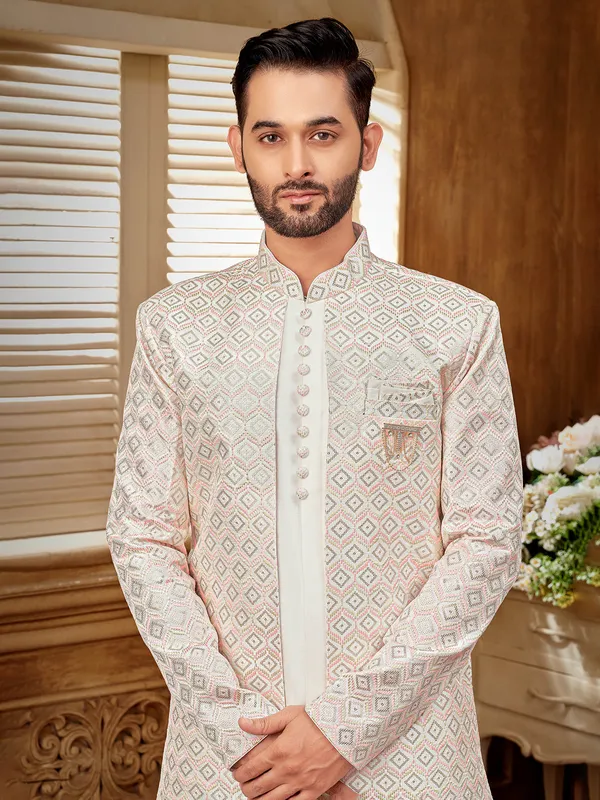 Richly crafted offwhite indowestern for men with luxe accents