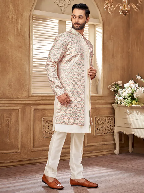 Richly crafted offwhite indowestern for men with luxe accents
