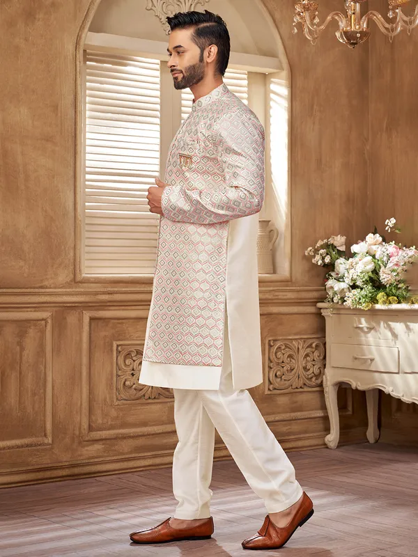 Richly crafted offwhite indowestern for men with luxe accents