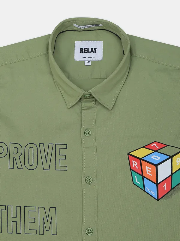 Relay printed olive elegant cotton shirt
