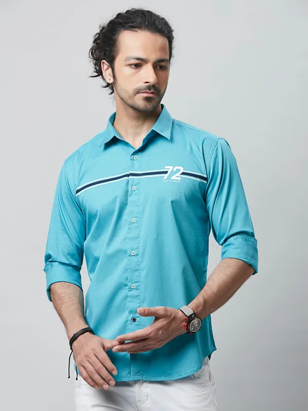 River Blue aqua cotton casual wear shirt