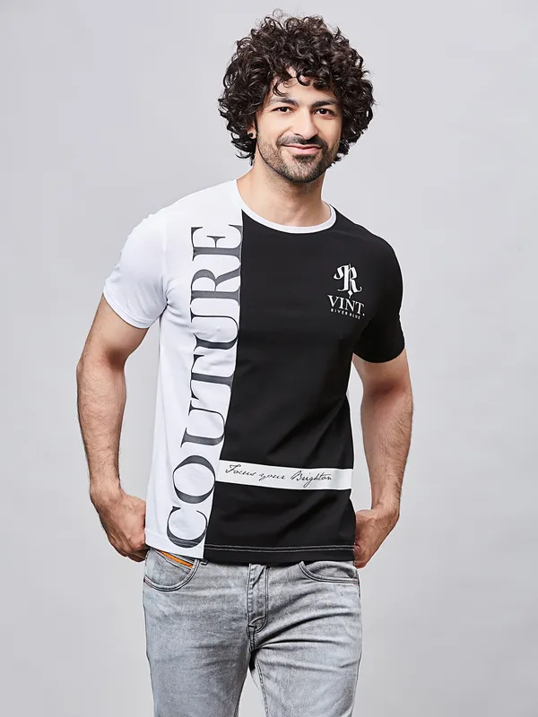 RIVER BLUE black and white printed men t-shirt for men