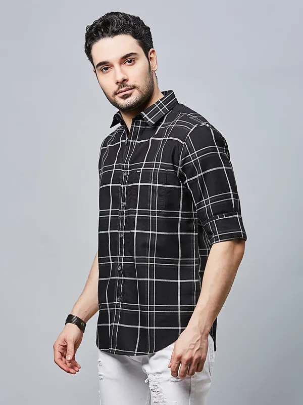 RIVER BLUE black casual flannel shirt for men