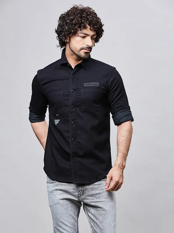 RIVER BLUE black casual men shirt in denim