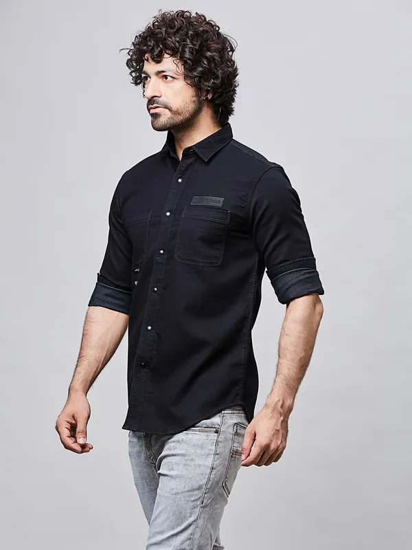 RIVER BLUE black casual men shirt in denim