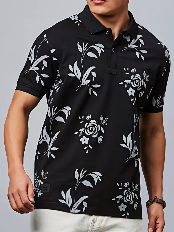 RIVER BLUE black printed cotton t-shirt for men