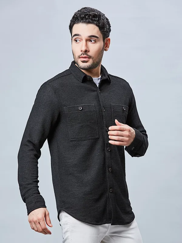 RIVER BLUE black textured slim fit casual shirt