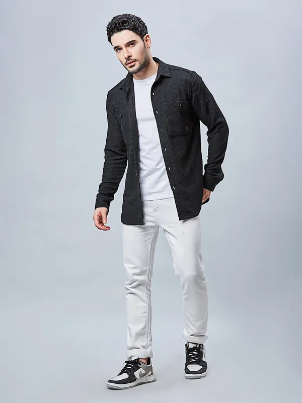 RIVER BLUE black textured slim fit casual shirt