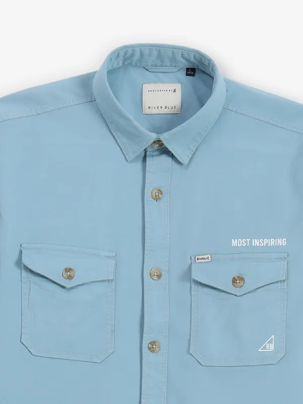 RIVER BLUE blue plain shirt for men