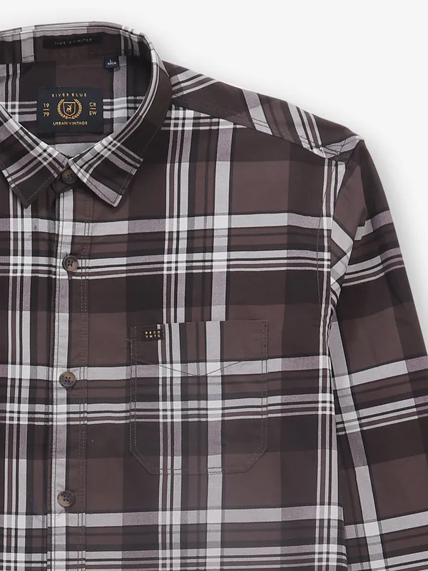 RIVER BLUE brown checks cotton slim fit shirt