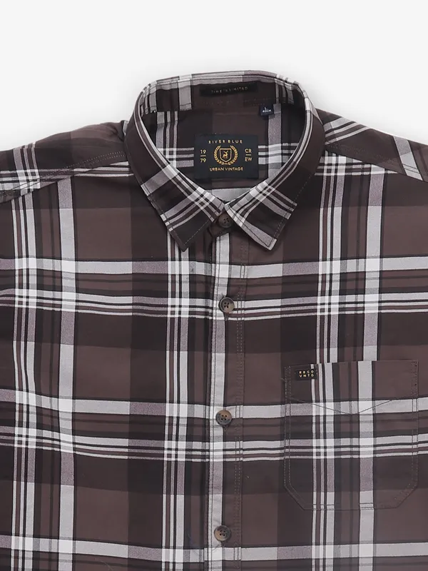 RIVER BLUE brown checks cotton slim fit shirt