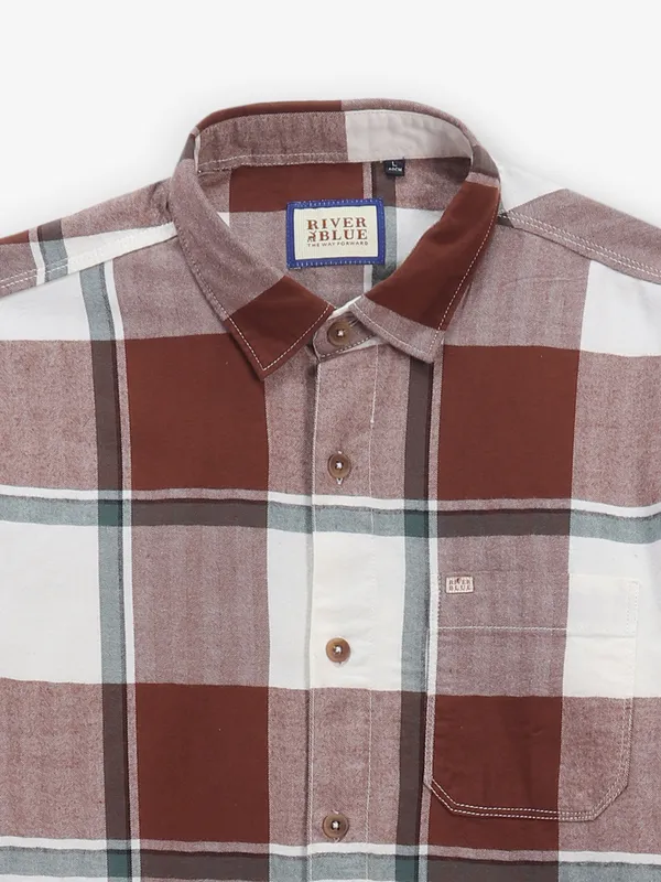 RIVER BLUE brown cotton checksCslim fit shirt