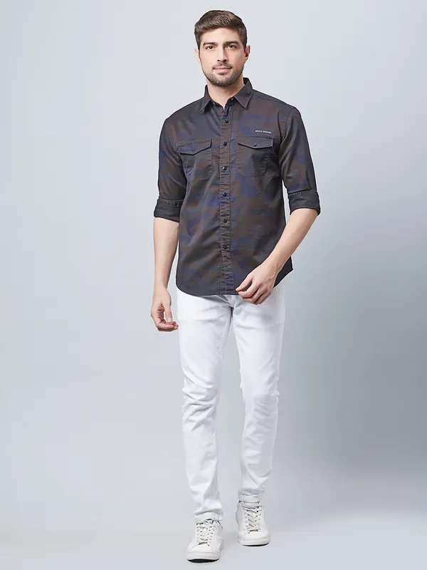 River Blue brown cotton printed shirt