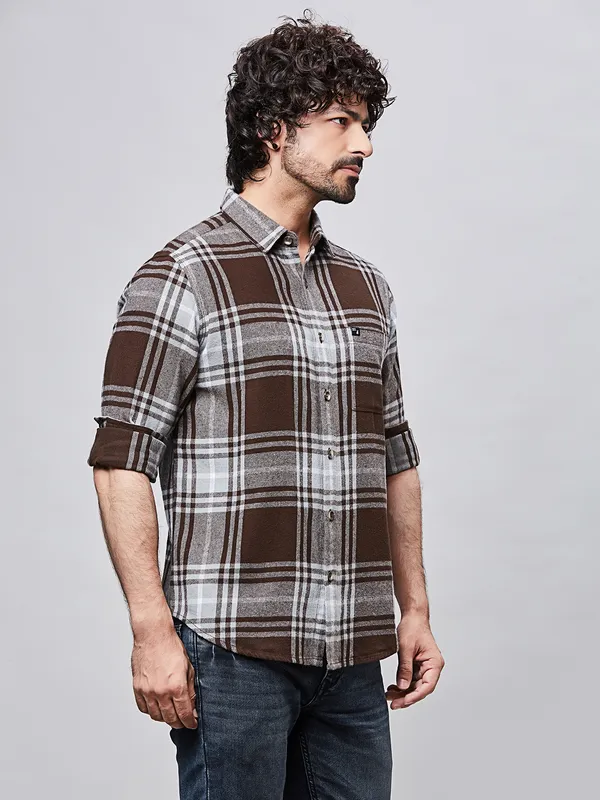 RIVER BLUE checked brown cotton shirt for men