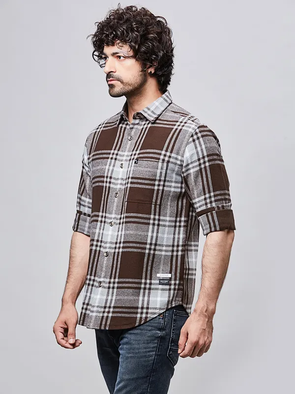 RIVER BLUE checked brown cotton shirt for men