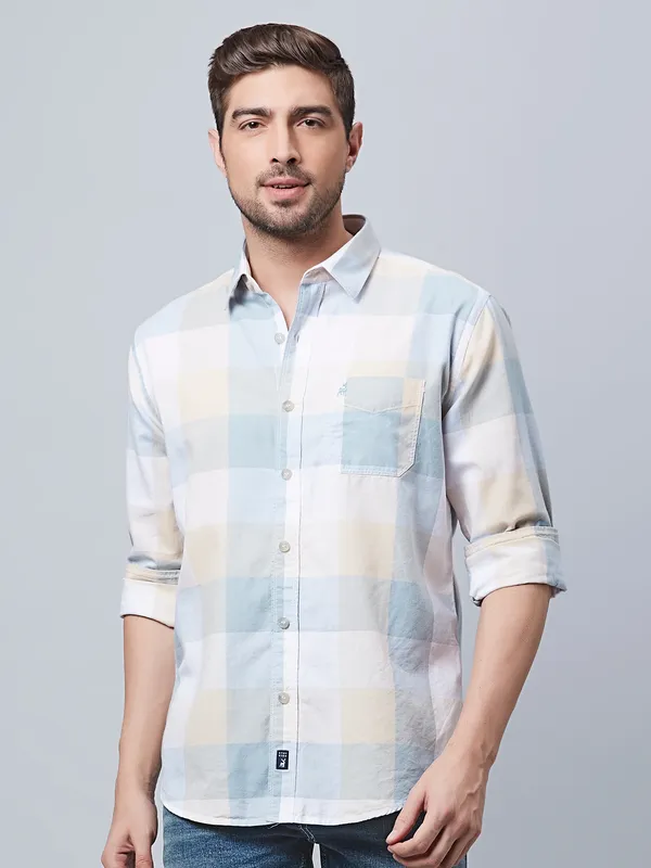 River Blue checks beige and light blue shirt