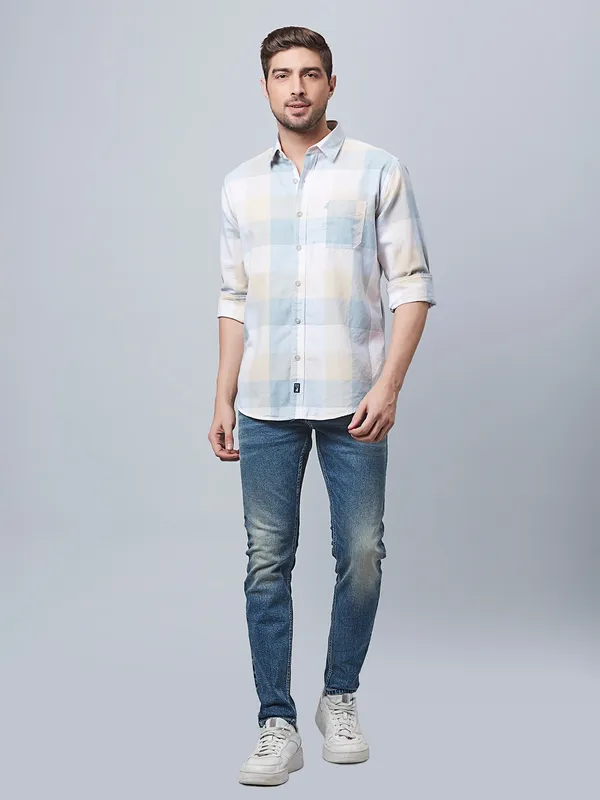 River Blue checks beige and light blue shirt