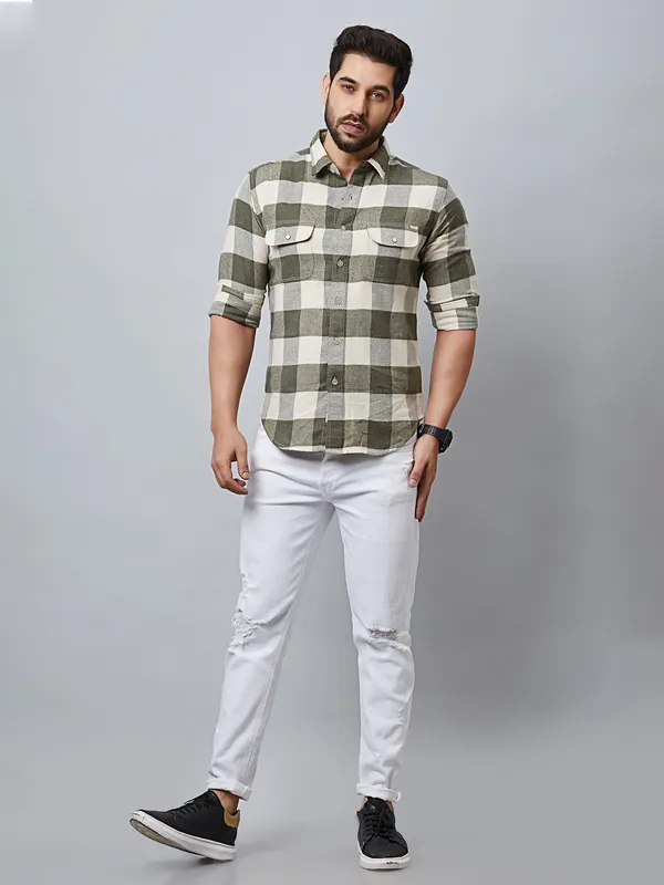 River Blue checks cotton olive shirt
