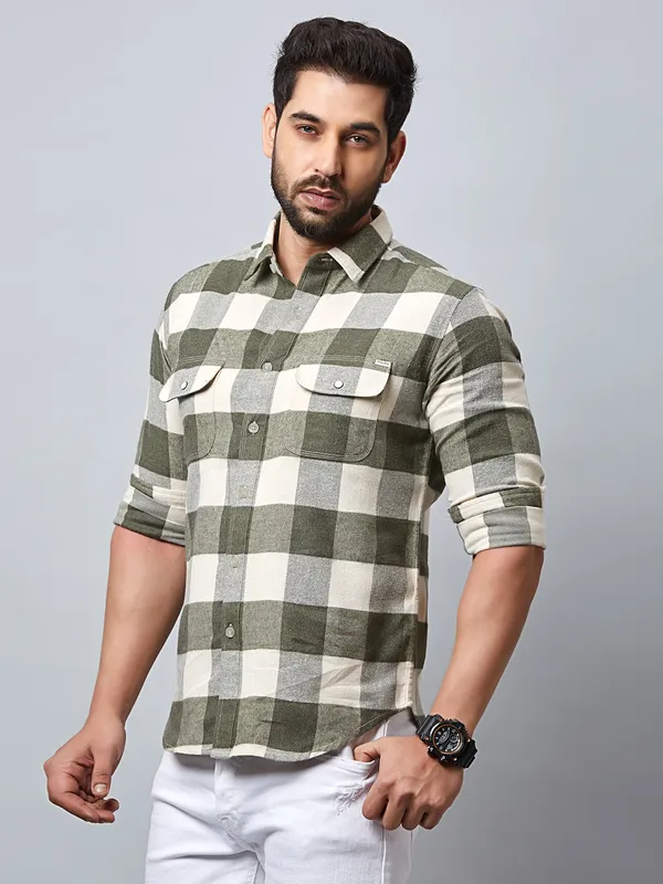 River Blue checks cotton olive shirt