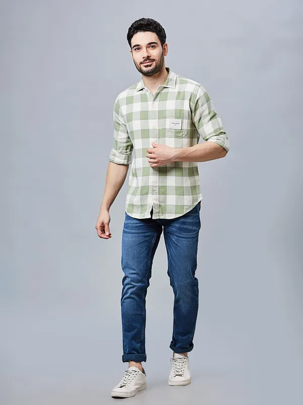 RIVER BLUE checks green cotton slim fit shirt